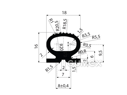 Geformtes Silikonprofil mit Loch, 16x18mm, 50°ShA, -60°C/+180°C, schwarz, 
